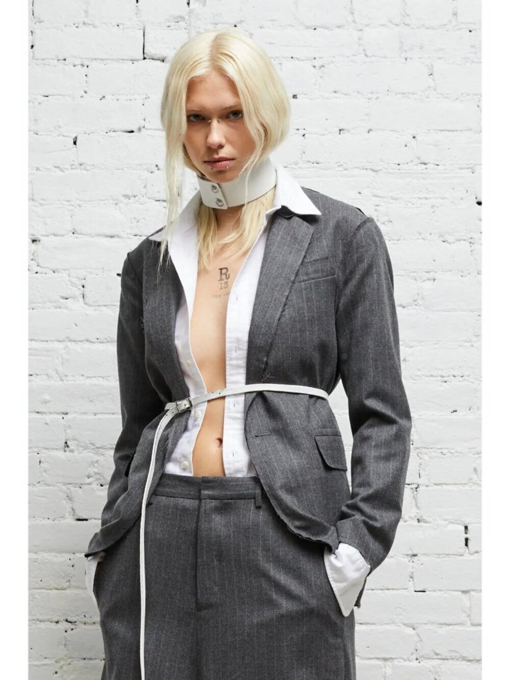 R13 Shrunken Raw Cut Blazer Grey Pinstripe XL